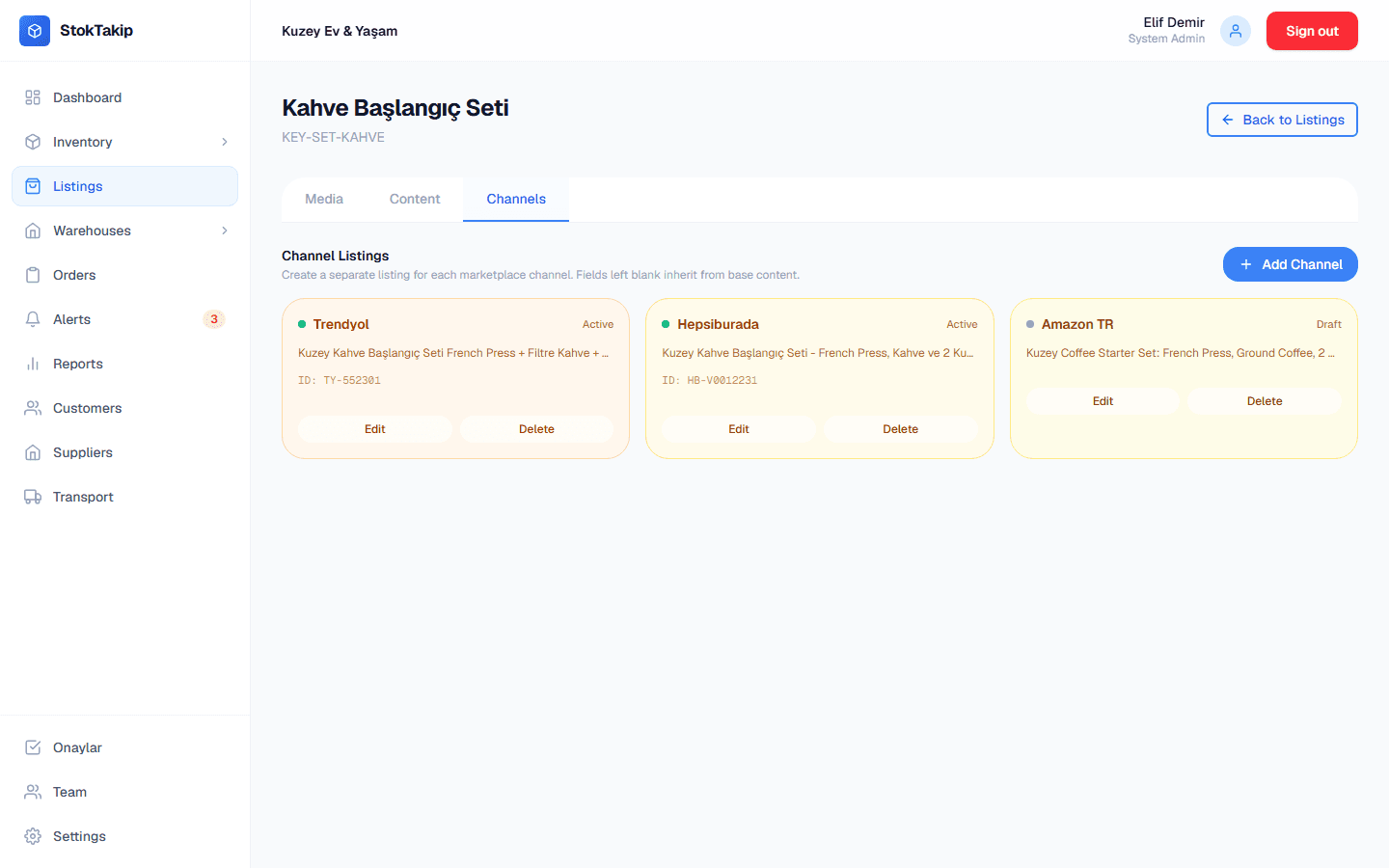 Listing editor showing a bundle's Trendyol, Hepsiburada and Amazon TR channel records